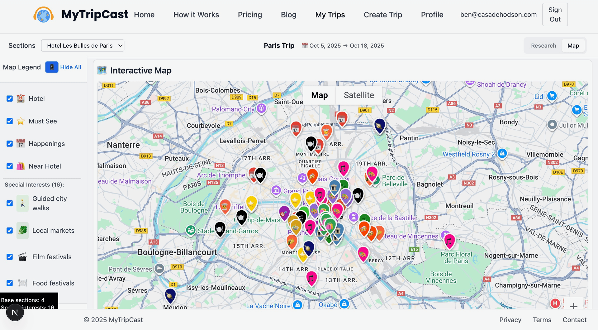 MyTripCast Interactive Map showing trip planning interface