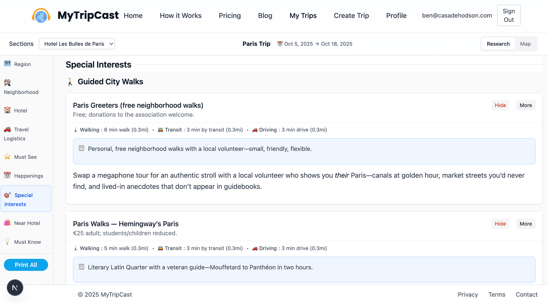 MyTripCast Research Report showing detailed trip information